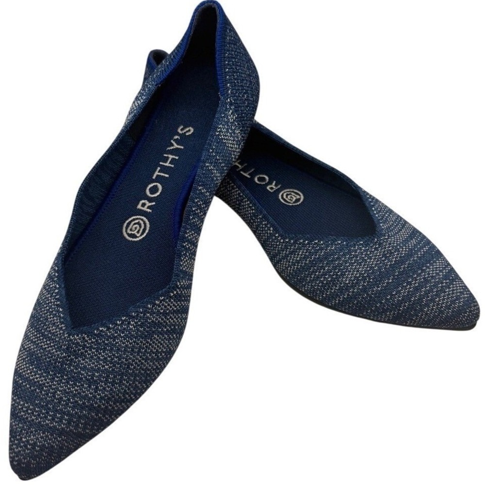 Rothys The Point Blue White Heathered Knit Pointed Toe Flats Shoes Womens 8.5